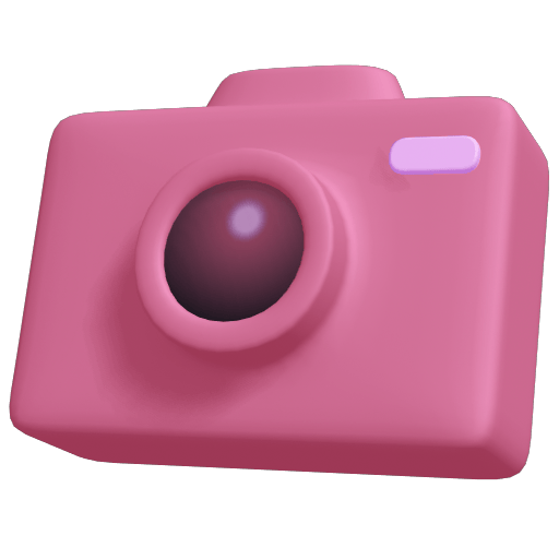Pink camera in 3D cartoonish style.